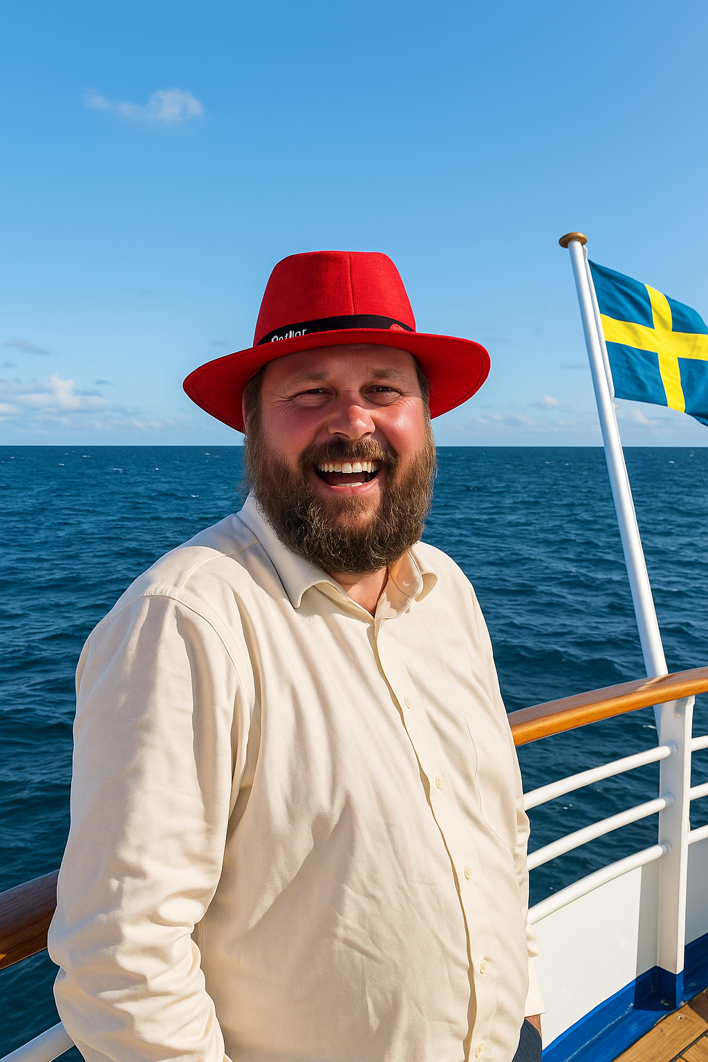 Valforskare Anders Bååth i röd hatt ombord på en båt.